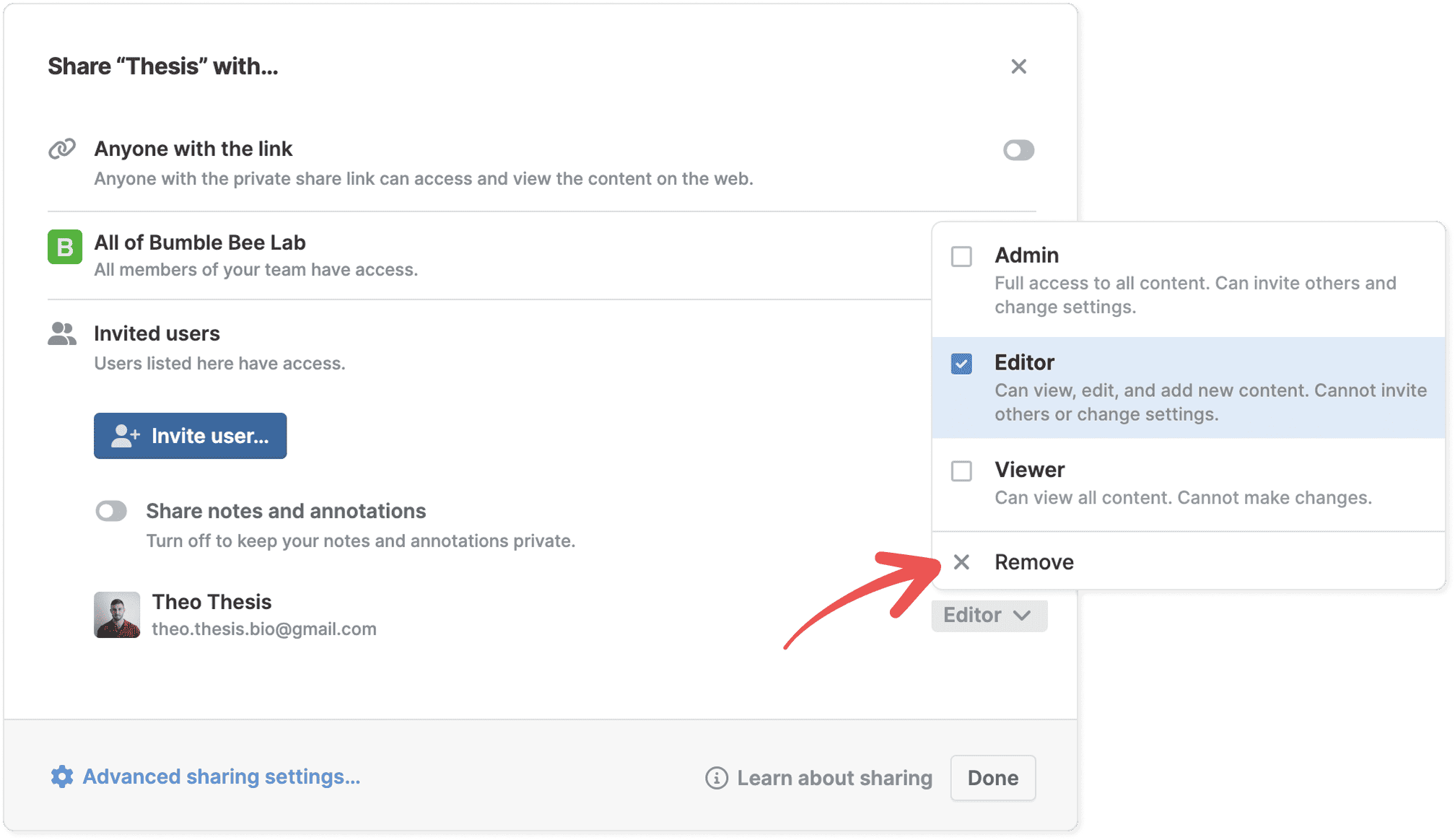 The “Share ‘Thesis’ with…” dialog with an invited user listed and a red arrow pointing to the Remove option in an open role dropdown, below Admin, Editor (ticked) and Viewer.